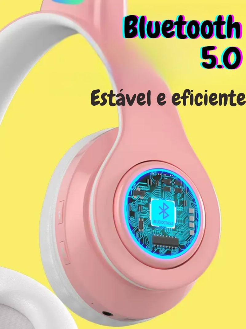 Fones de Ouvido Bluetooth Over-ear KA-910 com Design de Orelhas de Gatinho