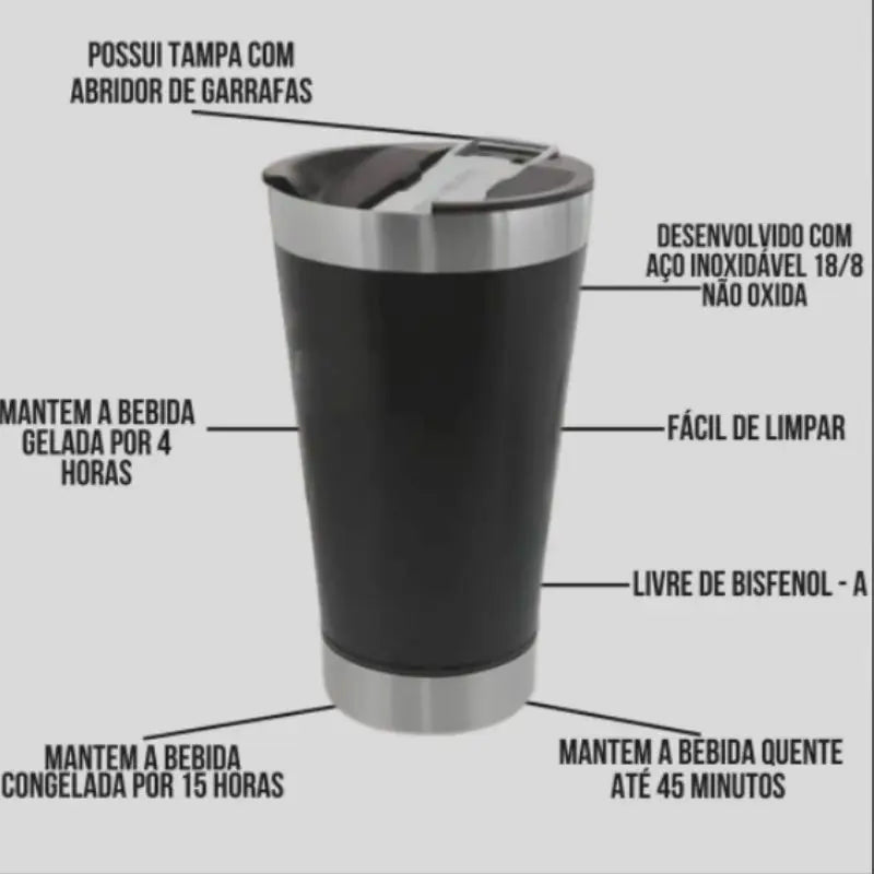 Copo Térmico 473ml Beba Gelado ou quente com Tampa e Abridor